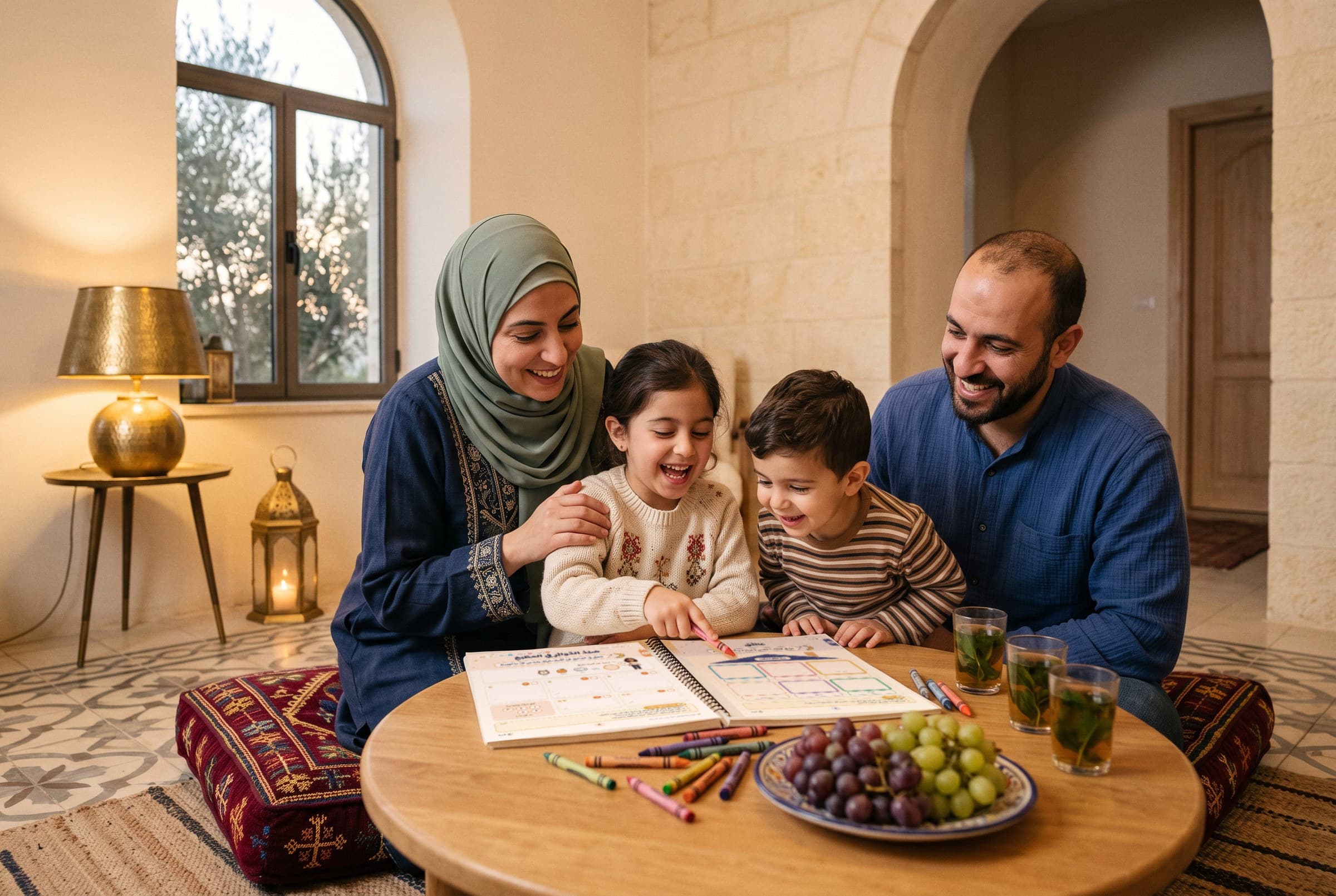 عائلة حول الطاولة مع كتاب مغامراتي مع عائلتي