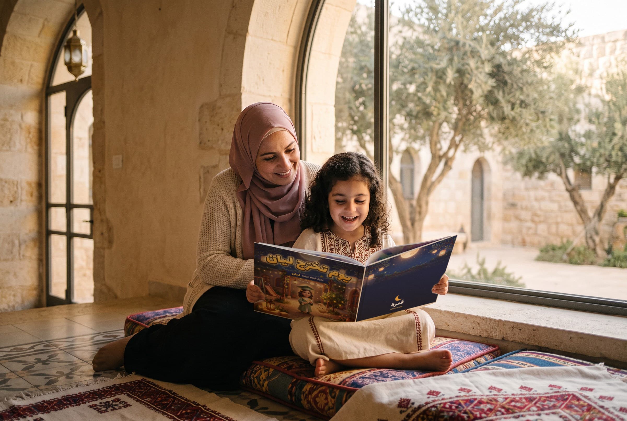 طفل يقرأ كتابه المطبوع من قمرة
